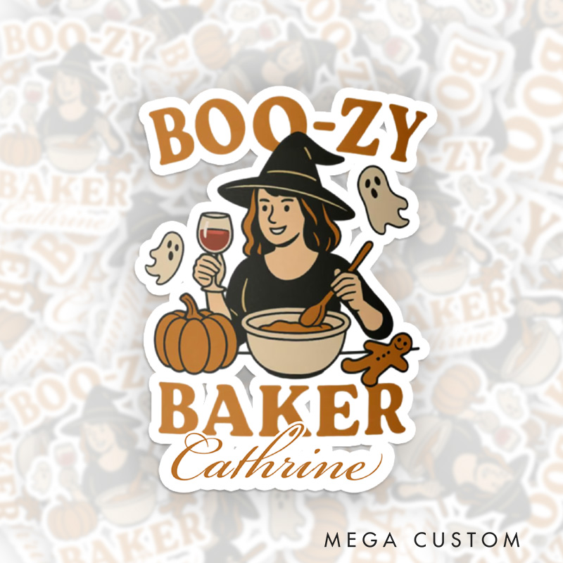 Personalized Boo-zy Baker Sticker Cute Ghost Halloween Stickers with Name Witchy Baker Sticker for Baking Lover Gift