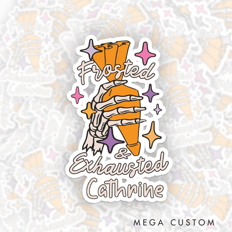 Personalized Frosted and Exhausted Sticker Spooky Skeleton Hand with Piping Bag Stickers with Name Skeleton Baker Sticker for Baking Lover Gift