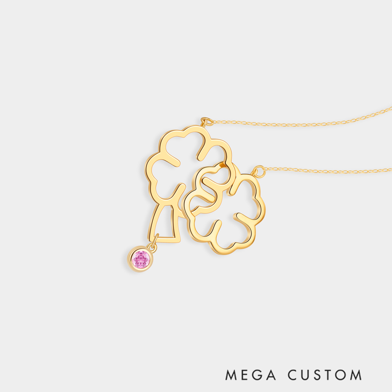 Personalized Sterling Silver Double Four-Leaf Clover Necklace with Custom Birthstone Accent Ideal Gifts for Her Valentine's Day Birthday