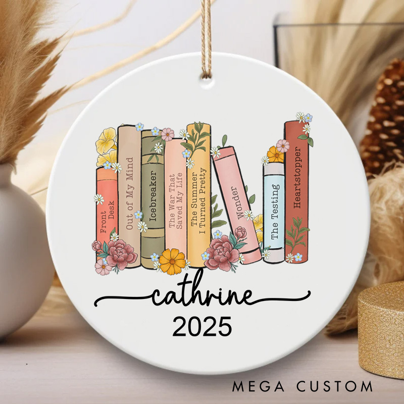 Personalized Bookshelf Christmas Ornament Custom Books and Flowers Ornament with Name Xmas Tree Decor for Book Lovers Gift 2025 Xmas Gift