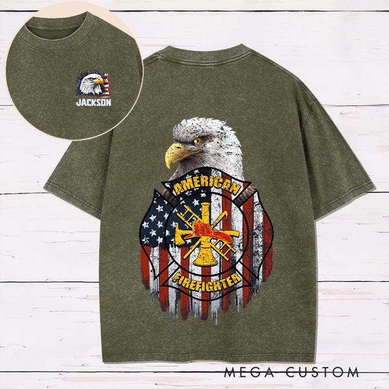 Personalized Firefighter Washed T-Shirt American Firefighter Bald Eagle and Flag Patriotic Design Unique Gift for Firefighters