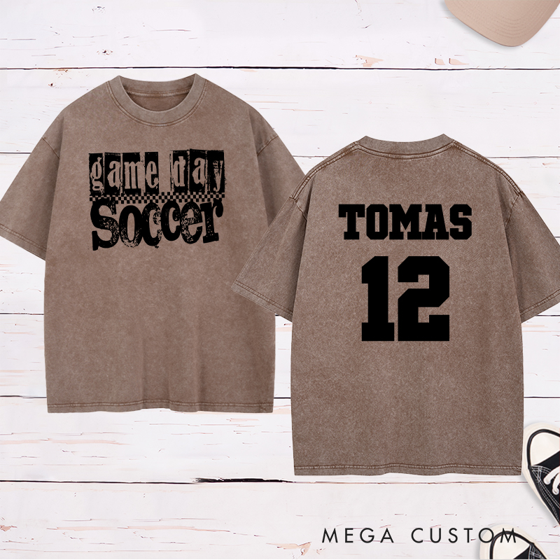 Personalized Game Day Soccer Washed T-Shirt with Grunge Checkerboard Design and Custom Name and Number
