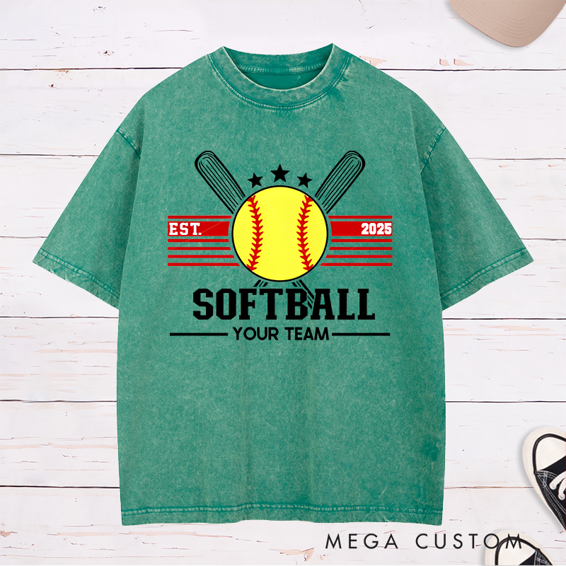 Personalized Softball Washed T-Shirt Team Logo Design Featuring a Customizable Year Team Name Bold Graphics and Classic Sports Elements
