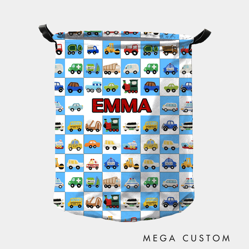 Personalized Cute Car Plaid Print Large Waterproof Laundry Storage Basket with Handle Custom Name Gift for Kids