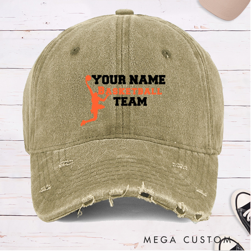 Personalized Distressed Denim Basketball Cap with Custom Name and Team Name Design
