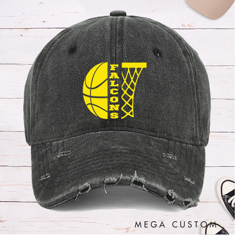 Personalized Distressed Basketball Cap with Custom Team Name and Minimalist Hoop Design
