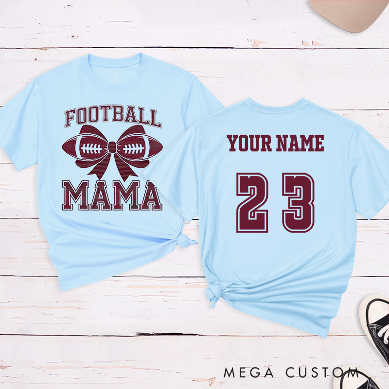 Personalized American Football Bow Mom T-Shirts Featuring Custom Name and Number for Game Day Glam
