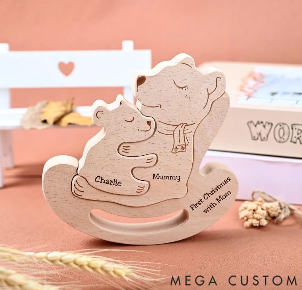 Personalized Wooden Bear Family Puzzle Engraved Mom and Baby Figurines First Christmas Gift for New Parents
