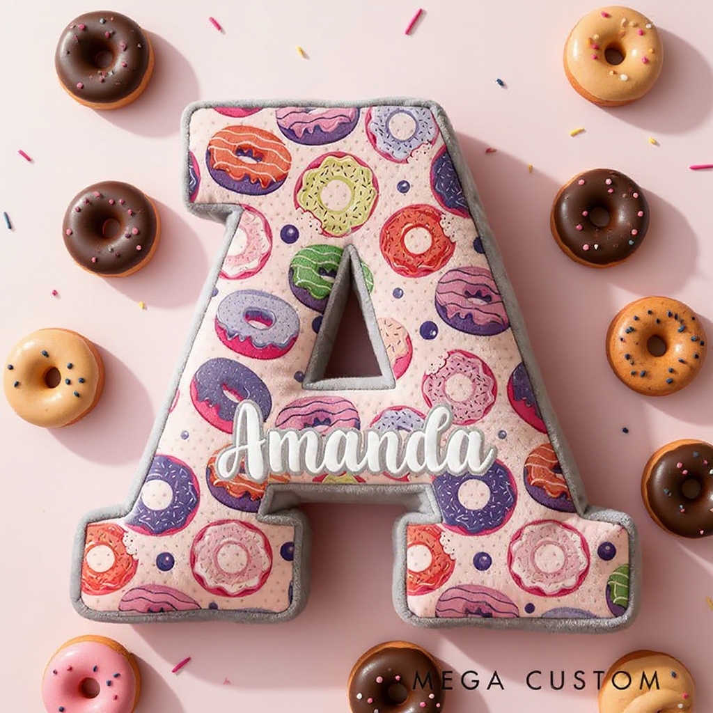 Personalized Donut Themed Letter Shaped Pillow Custom Name Design Gift