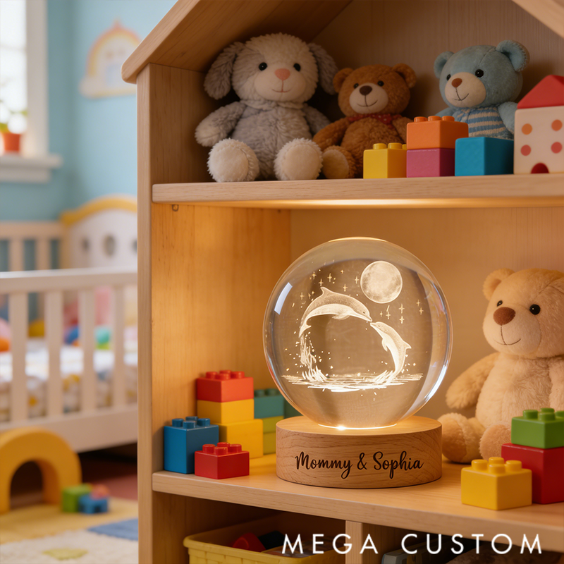 Personalized Dolphin Crystal Ball Night Light LED Wooden Base Table Lamp