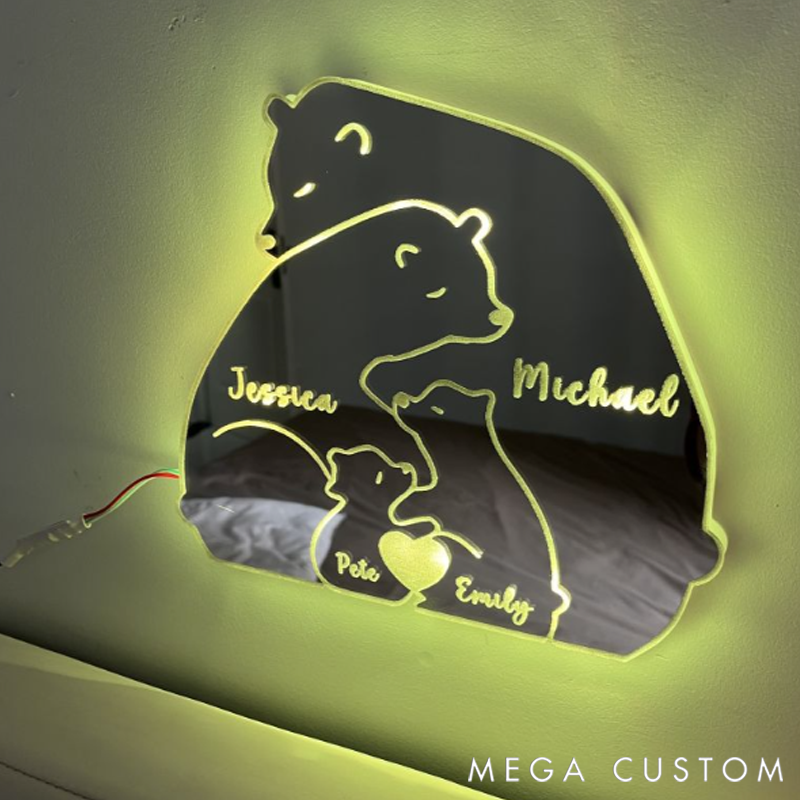 Personalized Heart Name Bear Family LED Mirror Light