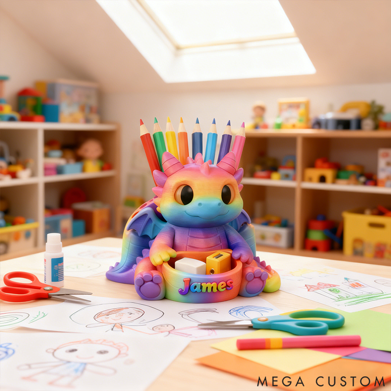 Personalized Rainbow Dragon Pencil Holder Cute Dragon Storage Stand Children's Desktop Decor 3D Printed