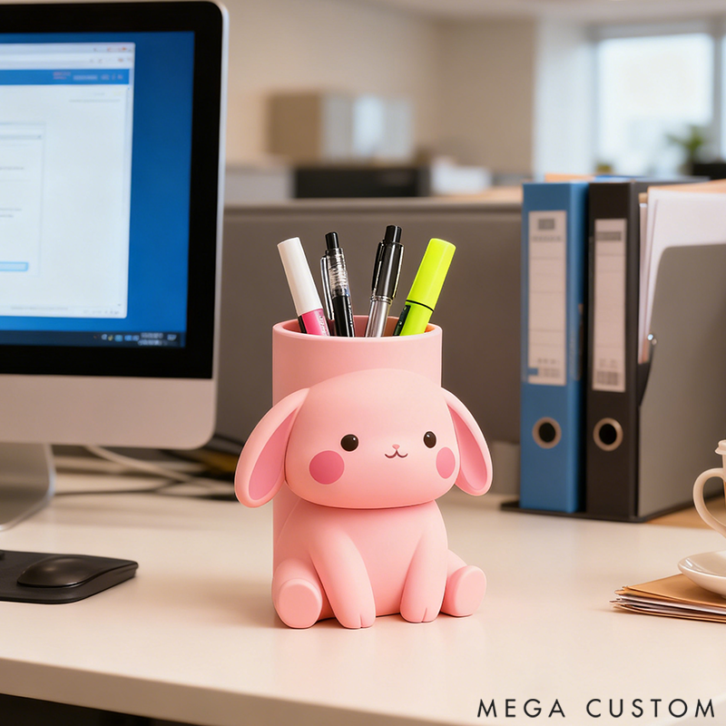 Personalized Pink Bunny Pencil Holder Cute Desktop Decor 3D Printed
