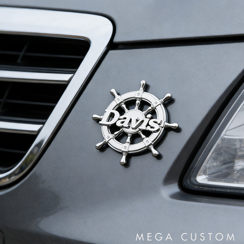 Personalized Metal Car Badge with Ship's Wheel Design
