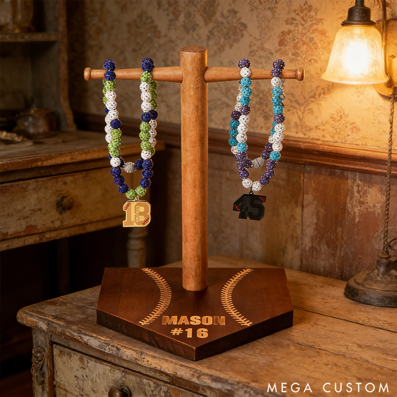 Personalized Baseball Ring Display Stand Wooden Necklace Holder with Engravable Name and Number the Perfect Gift for Sports Lovers