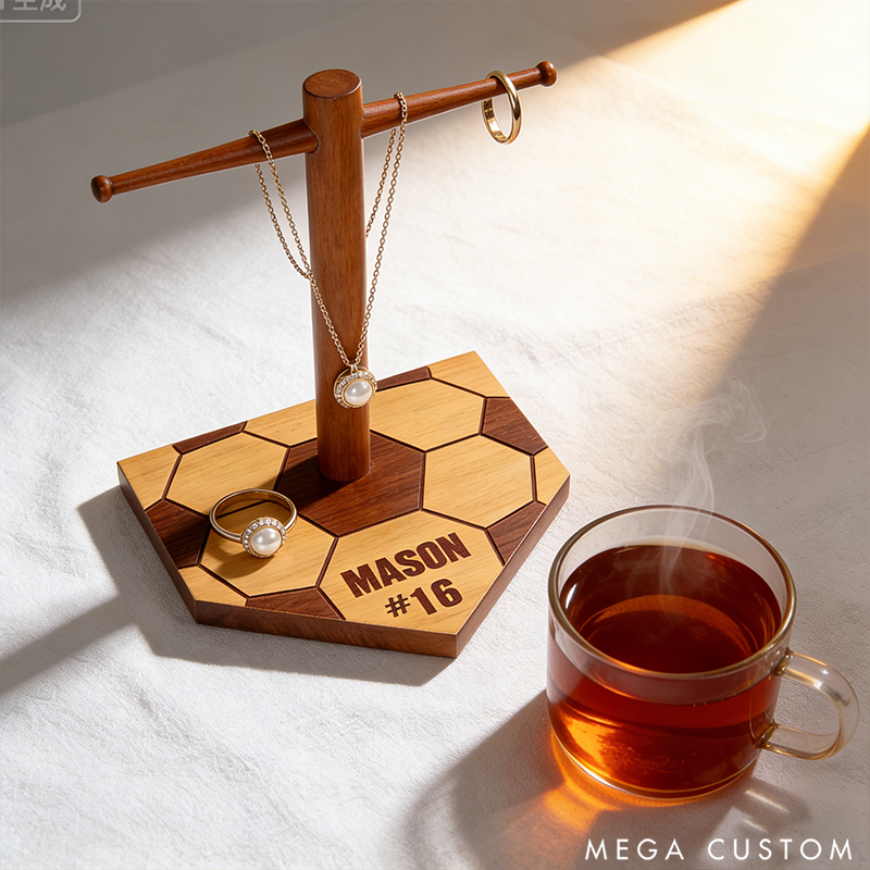 Personalized Soccer Ring Display Stand Wooden Necklace Holder with Engravable Name and Number the Perfect Gift for Sports Lovers