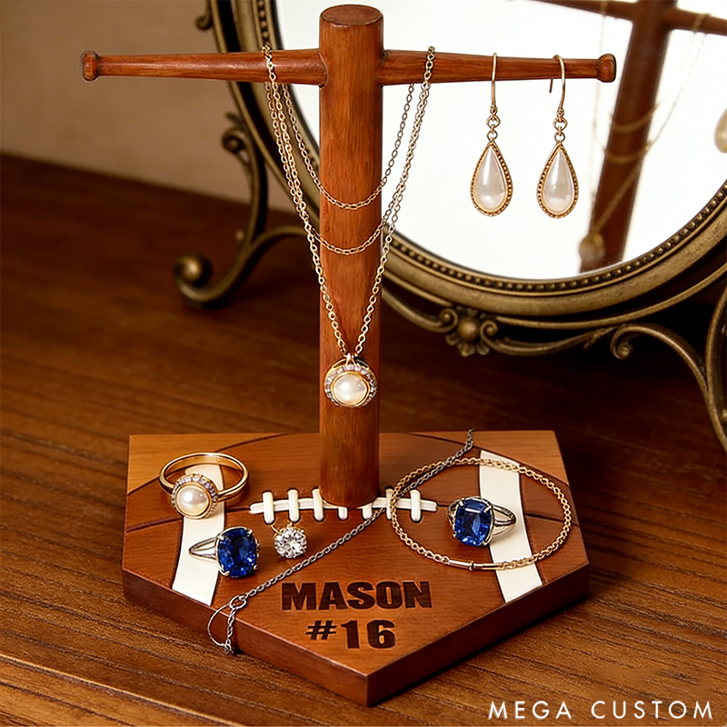Personalized American Football Ring Display Stand Wooden Necklace Holder with Engravable Name and Number the Perfect Gift for Sports Lovers