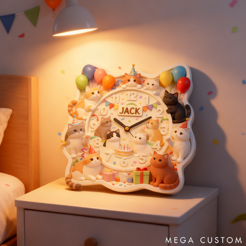 Personalized Pet Cat Party Theme Clock 2D Printed Design