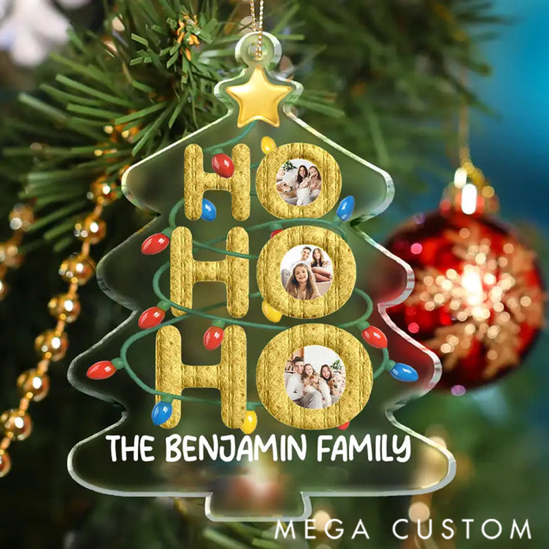 Personalized Photo Ho Ho Ho Family Christmas Tree Acrylic Ornament