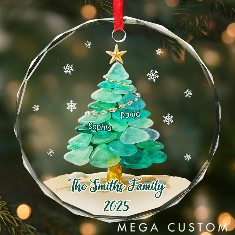 Personalized Peace by the Waves Sea Glass Circle Glass Ornament Christmas Birthday Gifts for Mom Dad