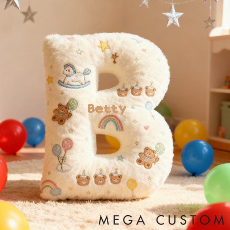 Personalized Birthday Bear Alphabet Shaped Pillow with 3D Printed Design