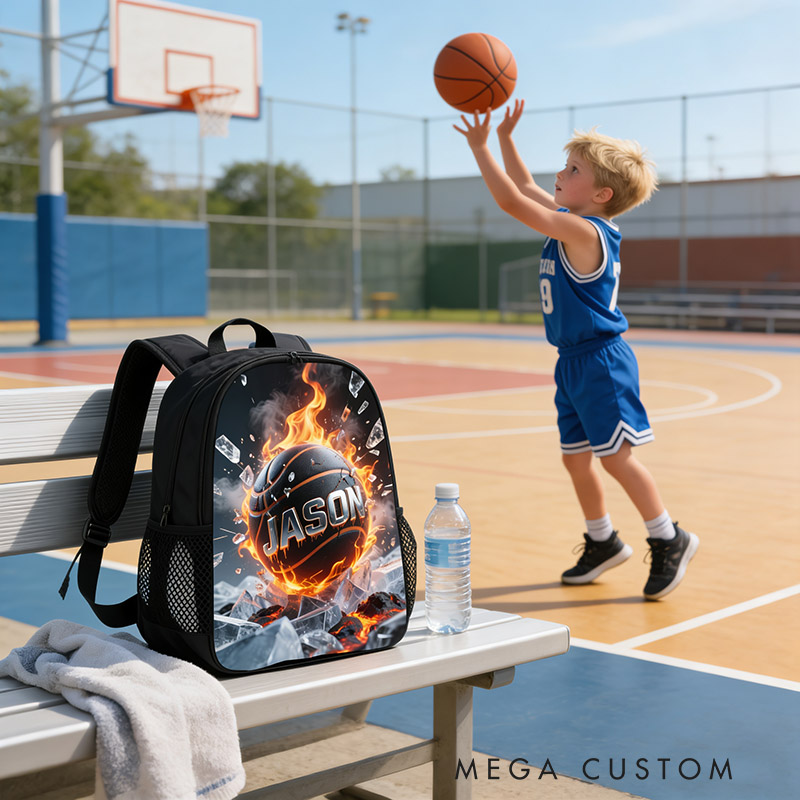 Personalized Basketball Backpack with Fiery Design and Custom Name for Kids and Basketball Lovers Black to School Gift