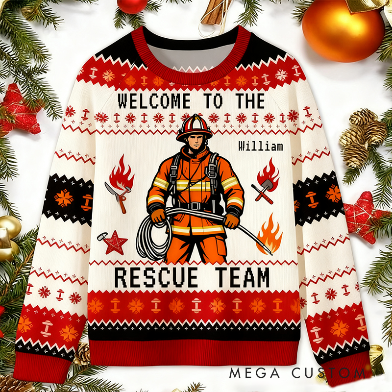 Personalized Christmas Firefighter Ugly Sweater Fireman Xmas Sweater Firefighter Ugly Christmas Sweater Fire Department Sweater For Men