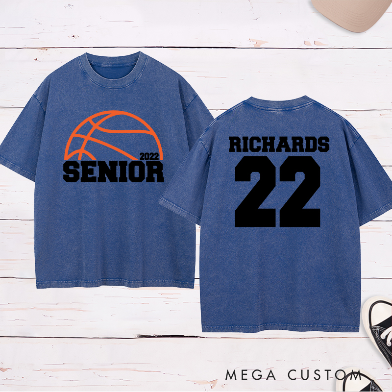 Personalized Washed T-Shirt Design Featuring Basketball Graphic and Customizable "Senior" Year Text for a Sporty and Memorable Look