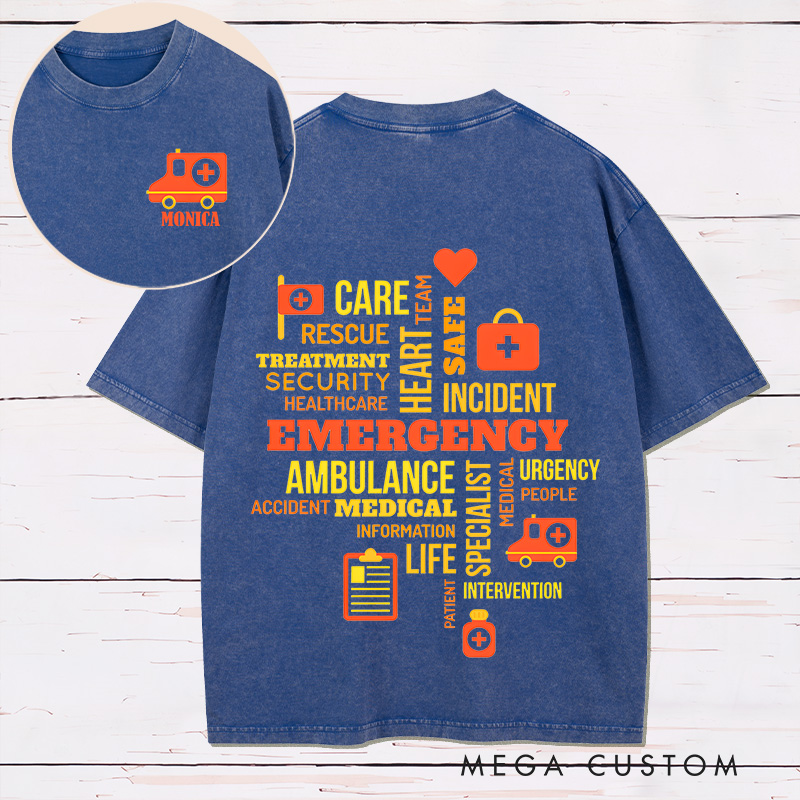 Personalized Two Sides Printed Washed T-Shirt Customized Emergency Care Word Cloud Design Washed T-Shirt 
