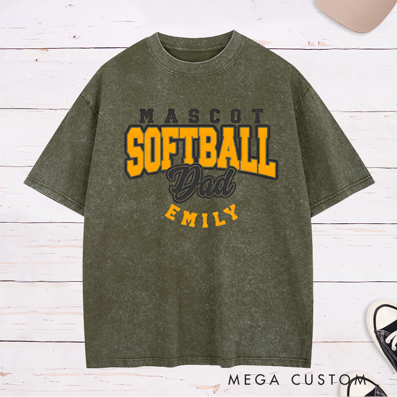 Personalized Softball Dad Washed T-Shirt Design Featuring Custom Team Name Player Name Bold Typography and Stylish Script Accent