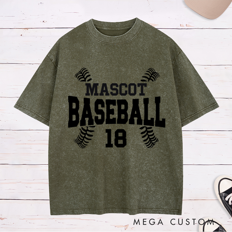 Personalized Baseball Washed T-Shirt Designed with Team Name, Number, and Stylish Stitch Graphics