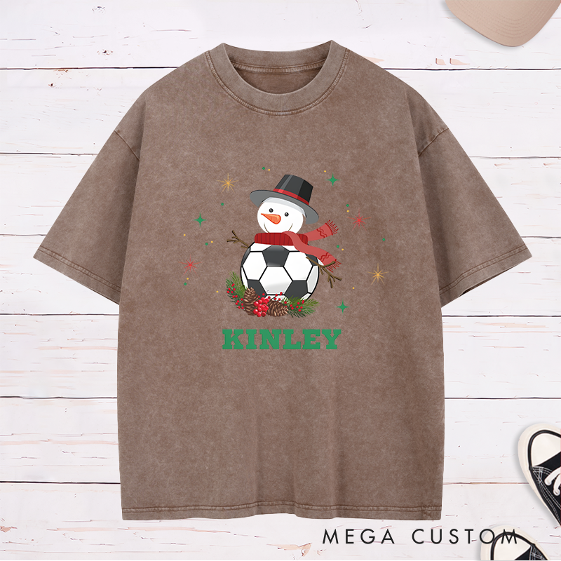 Personalized Snowman Soccer T-Shirt with Custom Name Christmas Design
