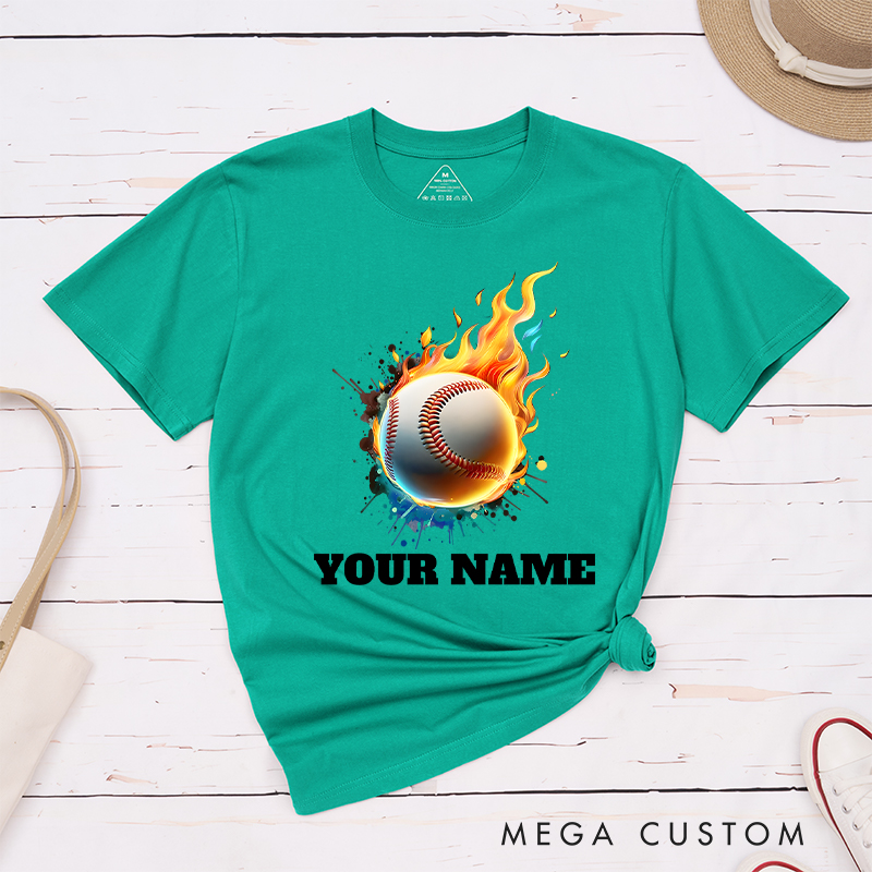  Personalized Flaming Baseball T-Shirt with Custom Name  
