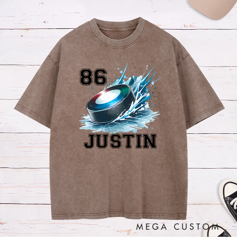 Personalized Hockey Washed T-Shirt with Splashed Ice Puck Design and Custom Name