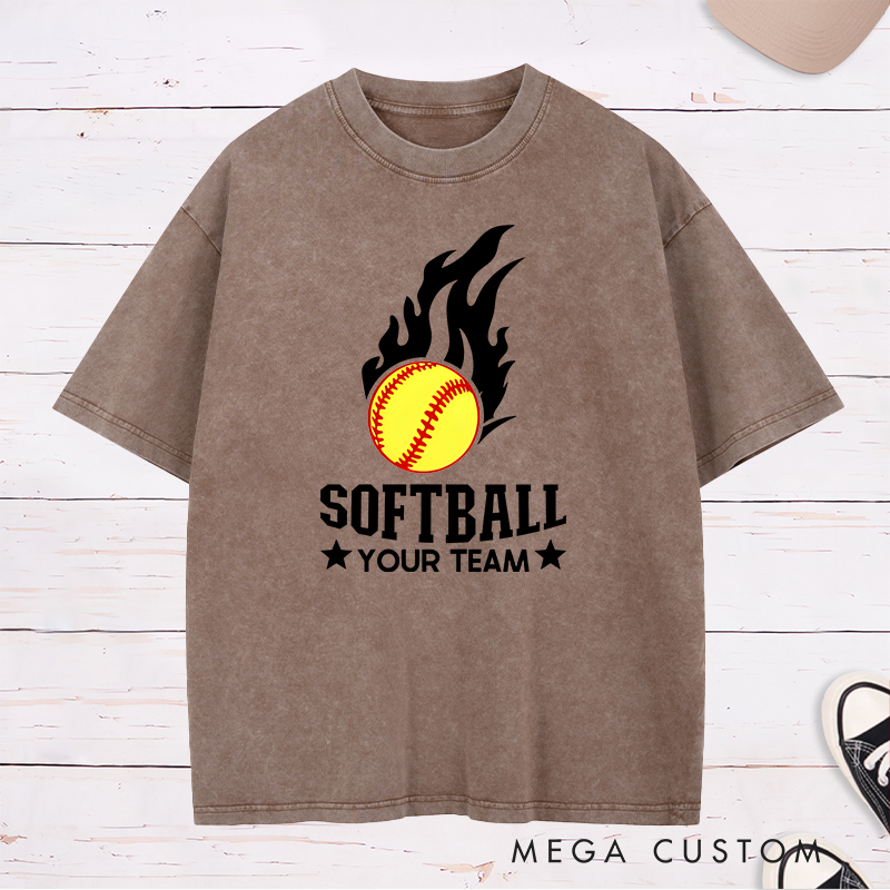 Personalized Softball Team Washed T-Shirt Design Featuring Customizable Team Name Fiery Softball Graphic with Bold Star Accents