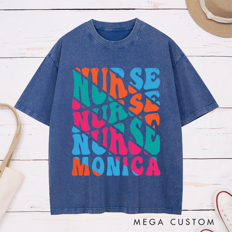 Personalized Nurse Washed T-Shirt Customized Bold Nurse Nurse Design Washed T-Shirt 