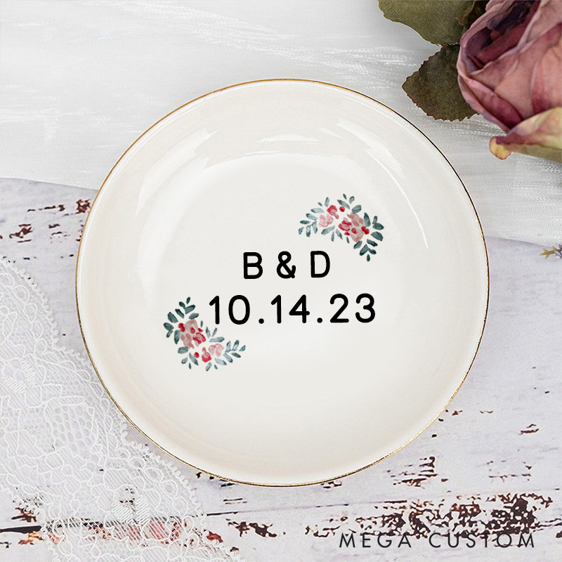 Personalized Red Floral Wedding Monogram with Initials and Date Wedding Engagement Gold-Trimmed Ring Dishes