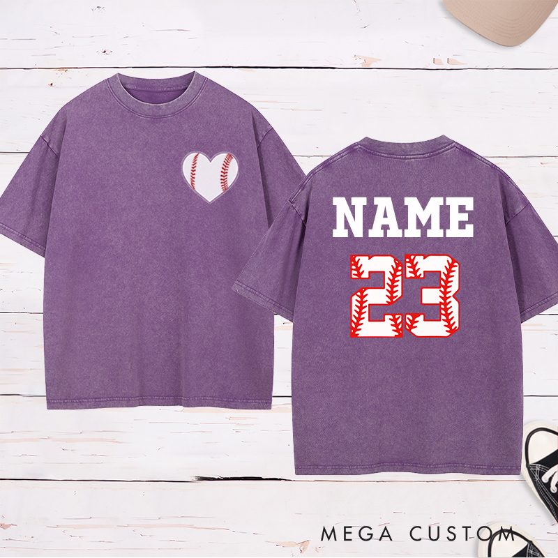 Personalized Baseball Heart Washed T-Shirt with Custom Name and Number 