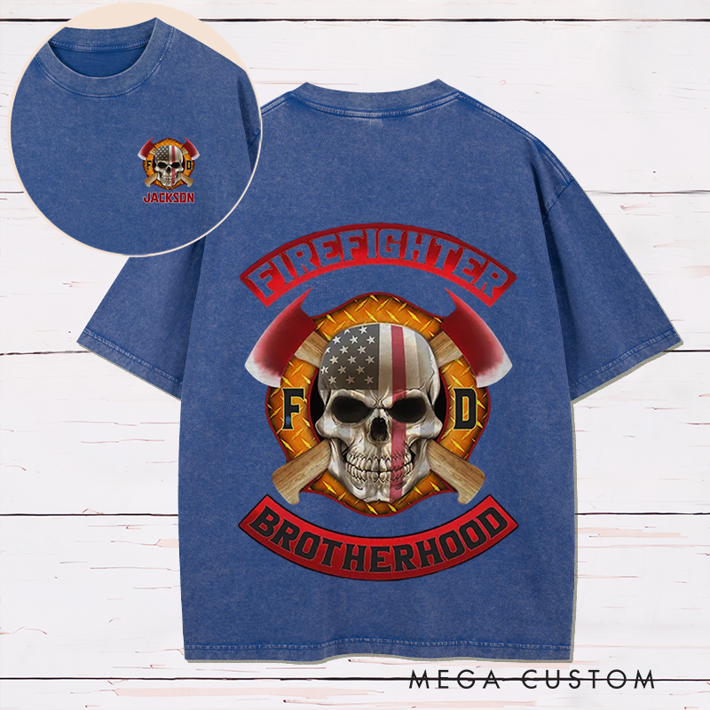 Personalized Firefighter Washed T-Shirt Firefighter Brotherhood Skull and Axes Design Unique Gift for Firefighters