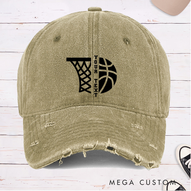 Personalized Distressed Denim Basketball Cap with Custom Text and Basketball Hoop Graphic Design