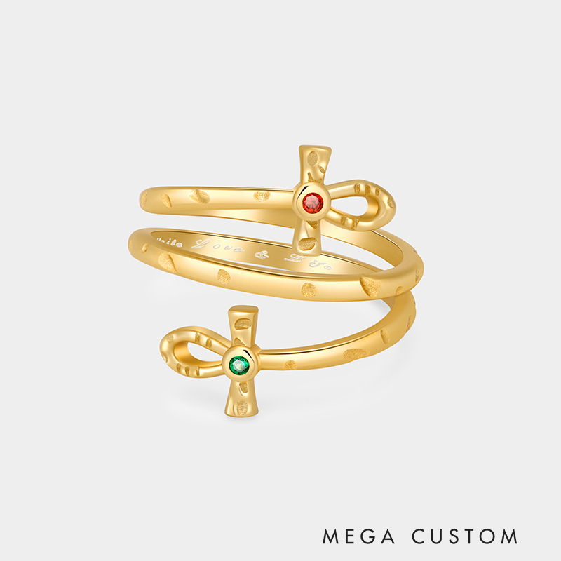 Personalized Sterling Silver Double Ankh Wrapped Ring Custom Text and Birthstone