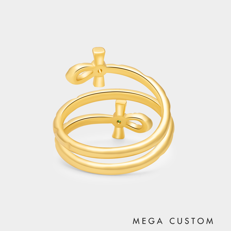 Personalized Sterling Silver Double Ankh Wrapped Ring Custom Text and Birthstone