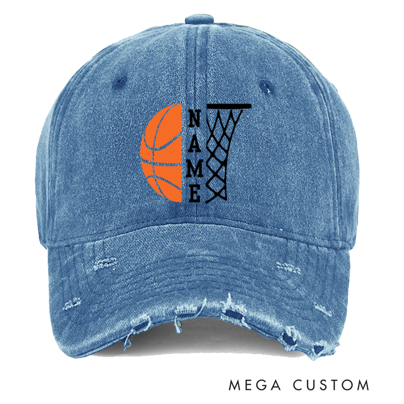Personalized Distressed Denim Basketball Cap with Custom Name Basketball Graphic and Hoop Design