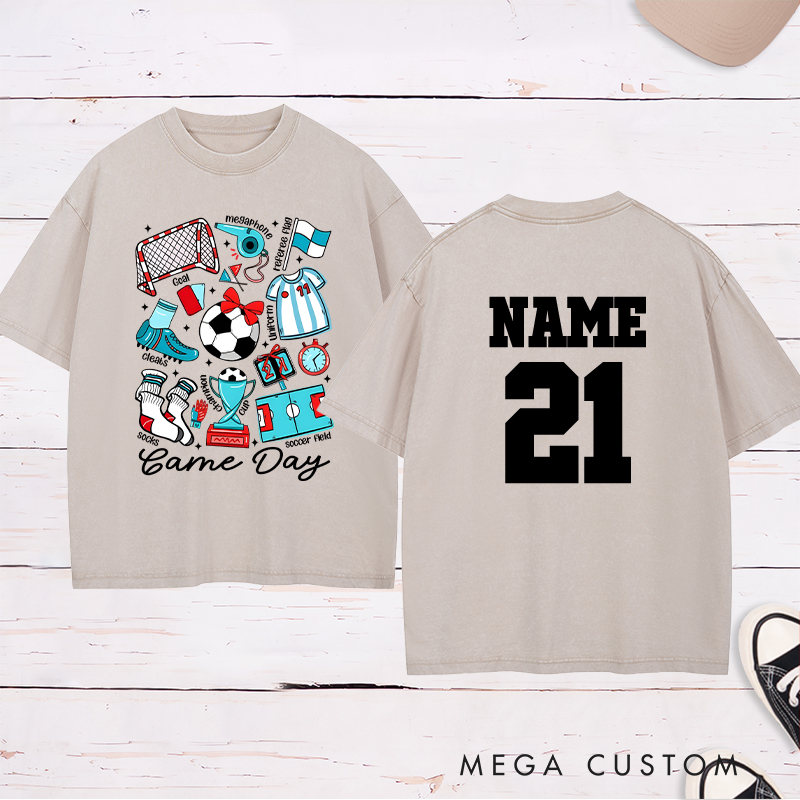Personalized Game Day Soccer Washed T-Shirt with Fun Illustrated Graphics and Custom Name and Number