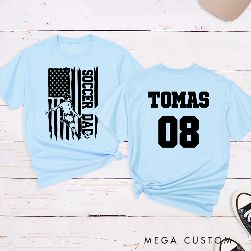 Personalized Soccer Dad T-Shirt with Patriotic Flag Design and Custom Name