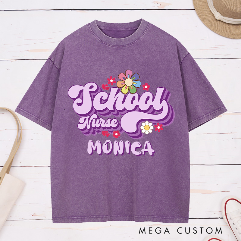 Personalized Nurse Washed T-Shirt Customized School Nurse Retro Floral Design Washed T-Shirt 