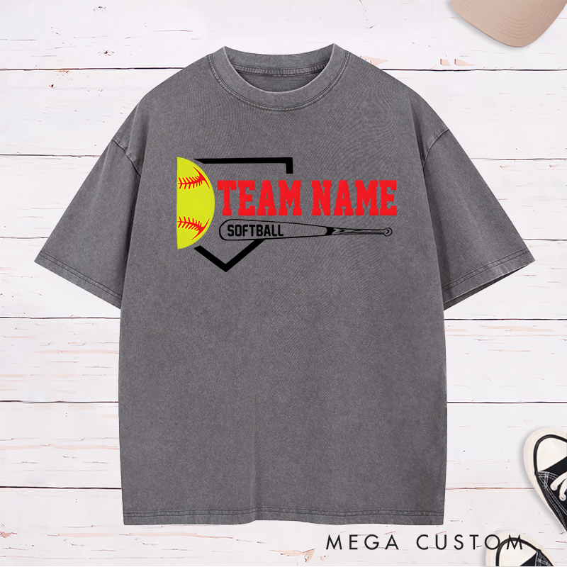 Personalized Softball Team Washed T-Shirt Design Featuring Customizable Team Name Bold Home Plate Graphic Yellow Softball and Bat Element