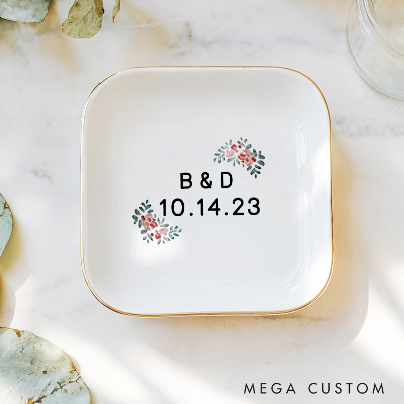 Personalized Red Floral Wedding Monogram with Initials and Date Wedding Engagement Gold-Trimmed Ring Dishes