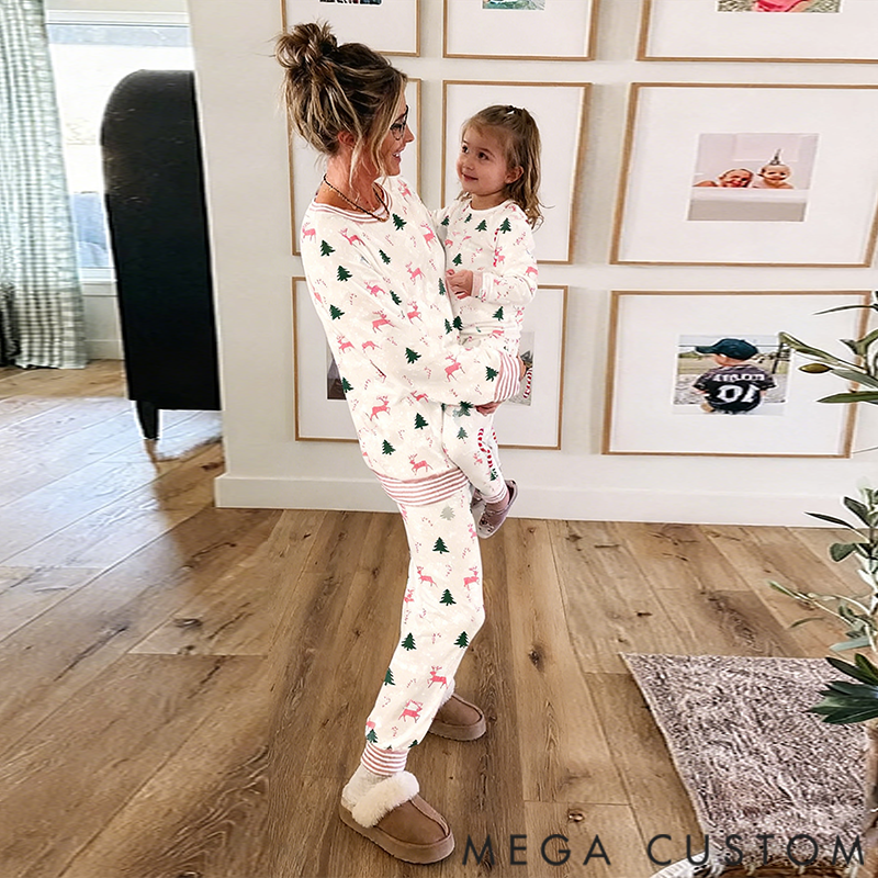 Personalized Christmas Trees and Bows Pajama Set for Mom and Daughter