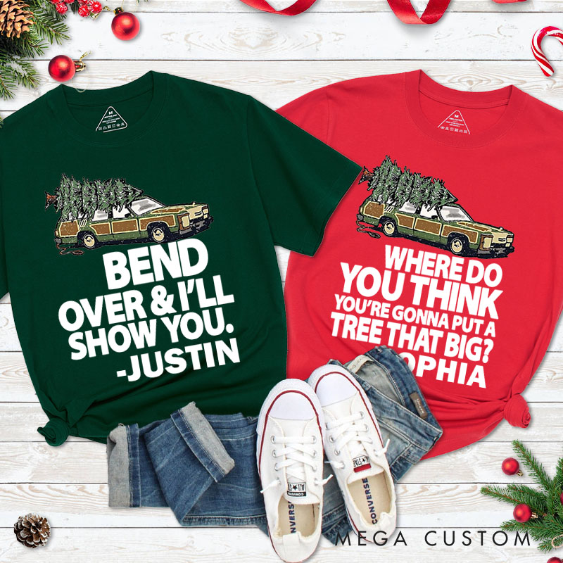 Personalized Couple Humor Bend Over and I'll Show You Christmas T-Shirt Couple Xmas Plaid Truck Matching T-Shirt for Husband Wife Boyfriend Girlfriend